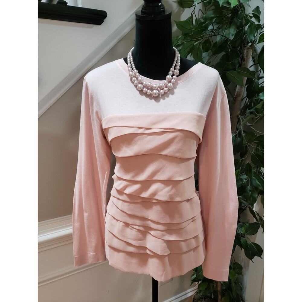 Tribeca Studio Women's Pink Solid Cotton Round Neck Long Sleeve Top Blouse XL